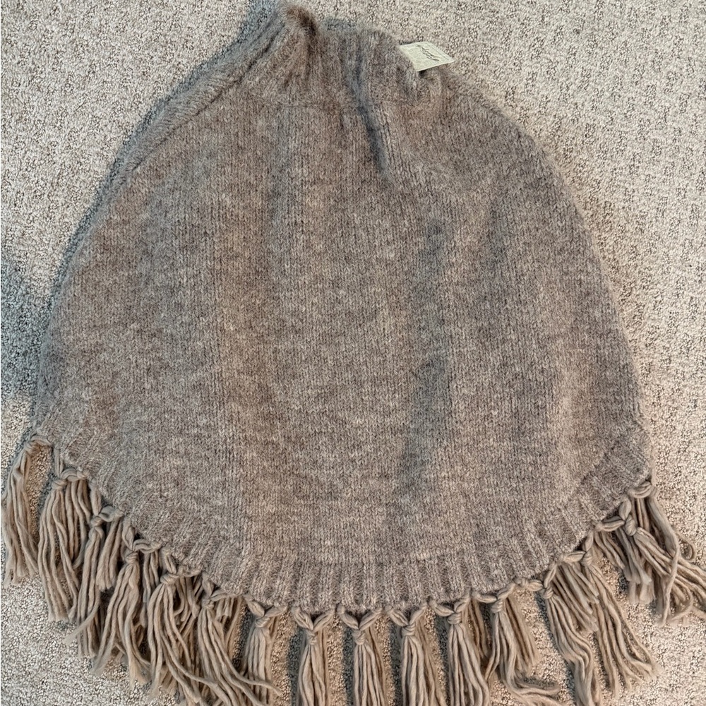 Free People Emma Poncho Taupe Knit Poncho with Fringe